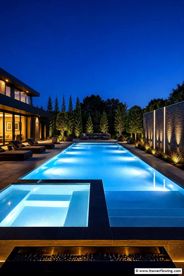 Bold LED Lit Nightscape - 30 Rectangle Pool With Hot Tub Designs for Luxury Backyards