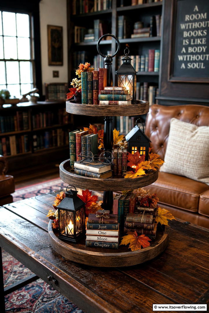 Bookish Fall Atmosphere - 50 Fall Tiered Tray Decor Ideas for Festive Shelves
