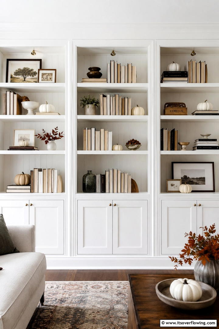 Bookshelf Styling with Fall Touches - 50 Minimalist Fall Decor Ideas to Upgrade Spaces Now