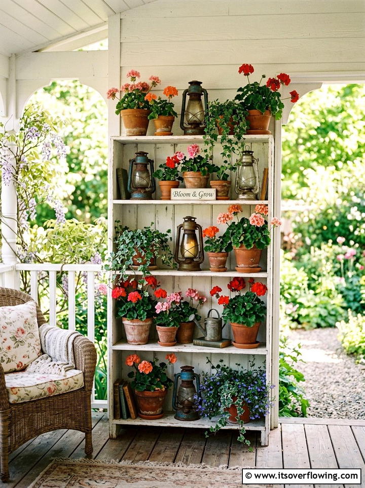 Bookshelf plant display - 25 recycled garden ideas with old shelves
