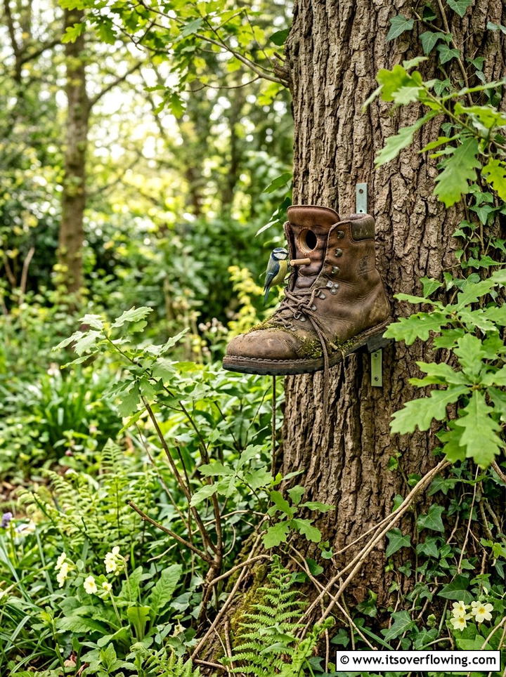 Boot Birdhouse Garden Art - 25 upcycled garden ideas with old boots