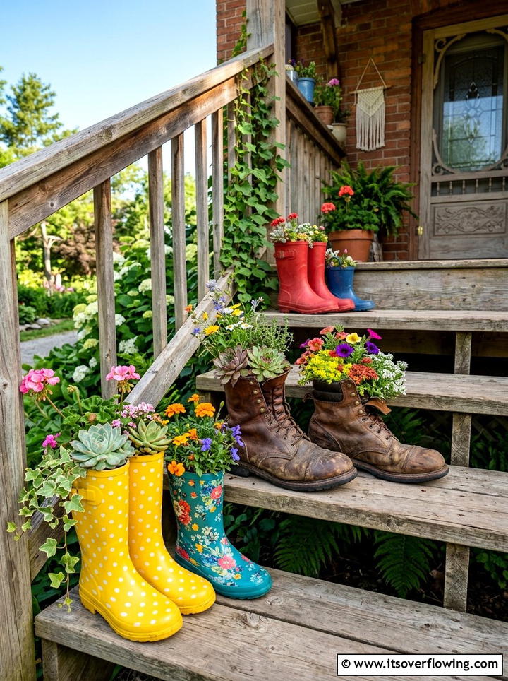 Boot planter - 25 upcycled garden ideas with boho style