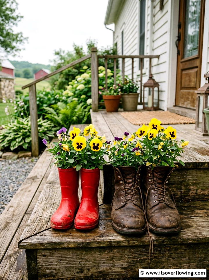 Boot planter - 25 cheap garden ideas with recycled materials