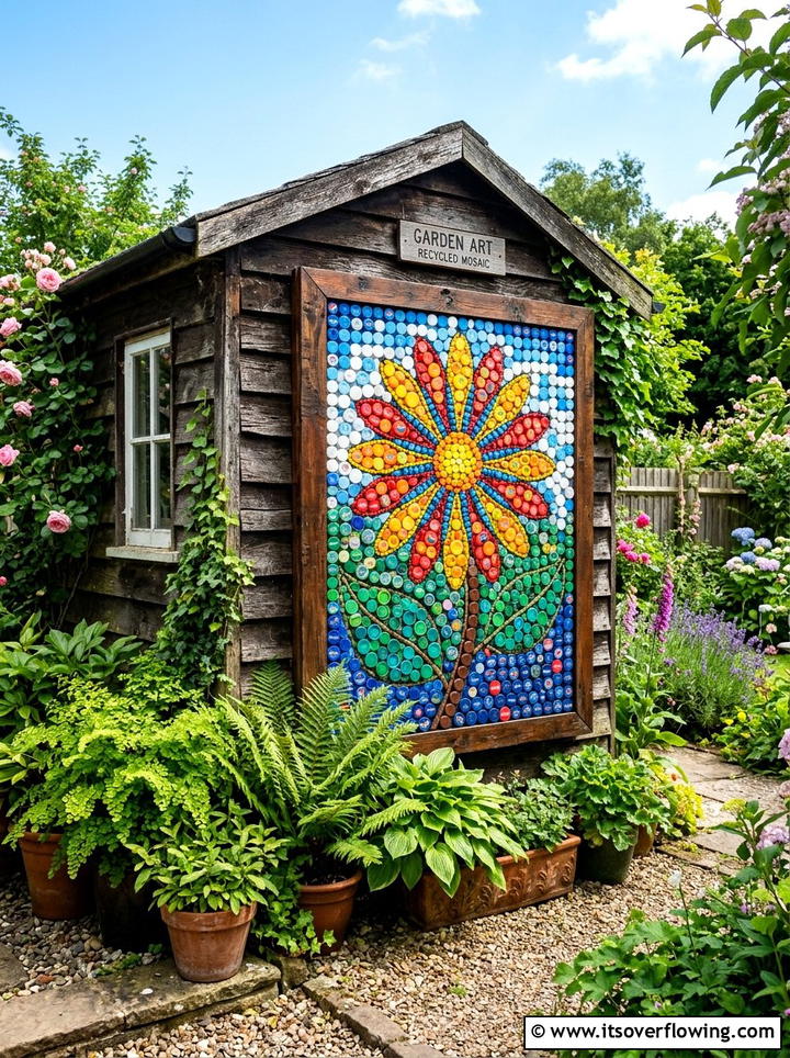Bottle Cap Art Mural - 25 recycled garden ideas for kids