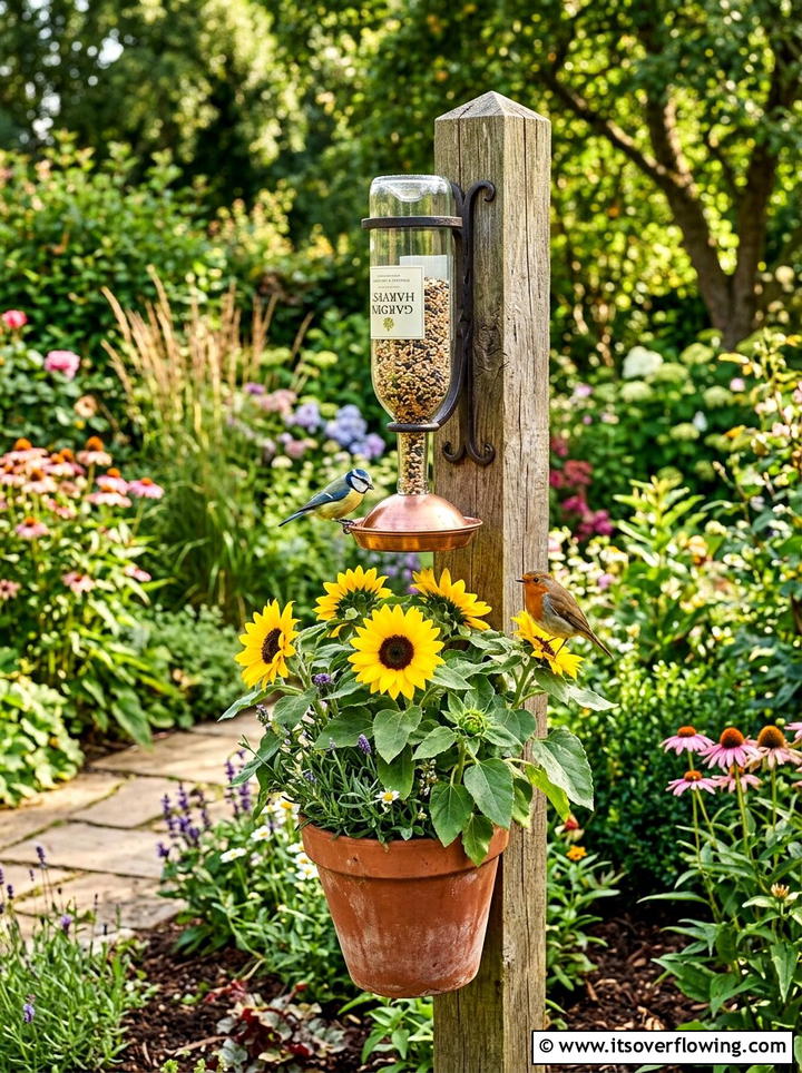 Bottle bird feeder planter combo - 25 creative garden ideas with hanging bottle planters
