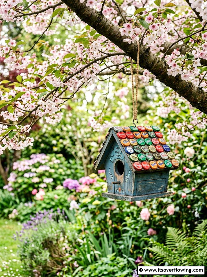 Bottle cap birdhouse decoration - 25 recycled garden ideas with bottle caps