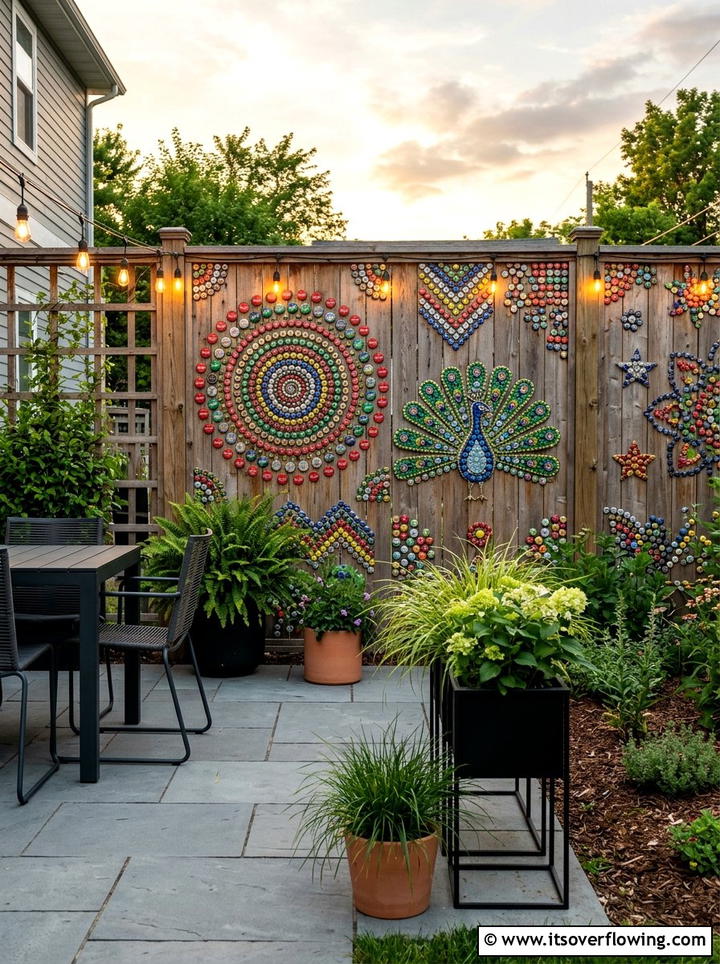 Bottle cap fence art - 25 recycled garden ideas with bottle caps