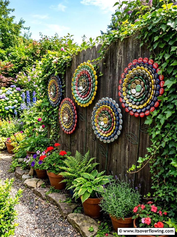 Bottle cap flower art - 25 recycled garden ideas with bottle caps