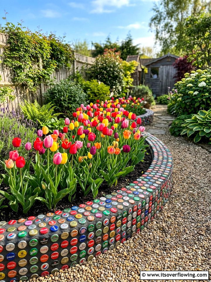 Bottle cap flower bed border - 25 recycled garden ideas with bottle caps