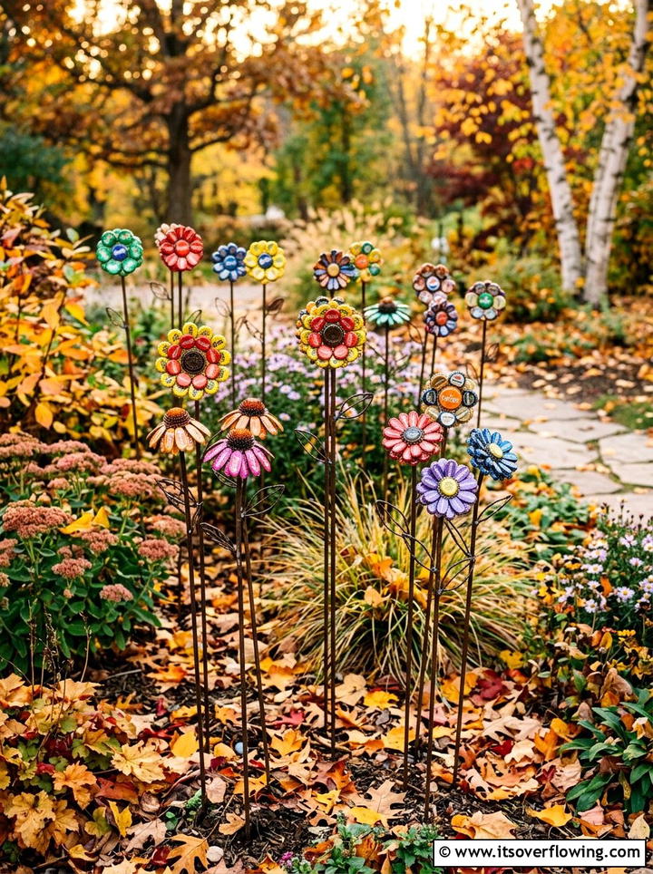 Bottle cap flower stakes - 25 recycled garden ideas with bottle caps