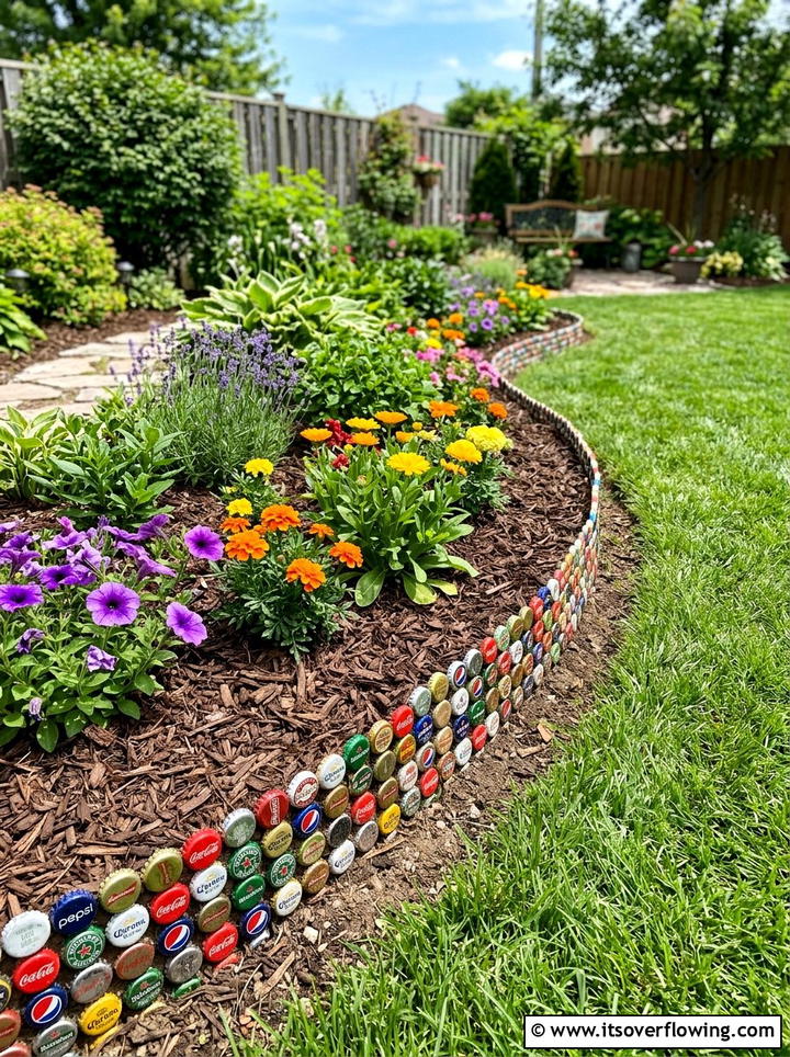 Bottle cap garden edging - 25 recycled garden ideas with bottle caps
