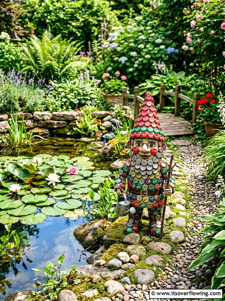 Bottle cap garden gnome - 25 recycled garden ideas with bottle caps