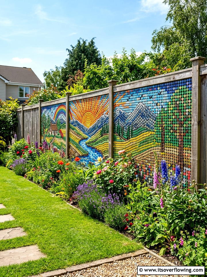 Bottle cap garden mural - 25 recycled garden ideas with bottle caps