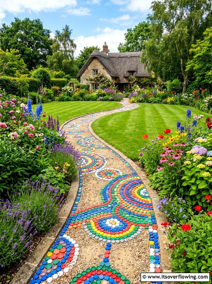 Bottle cap garden path - 25 recycled garden ideas with bottle caps