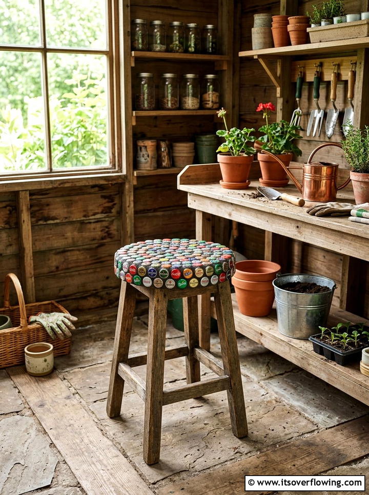 Bottle cap garden stool - 25 recycled garden ideas with bottle caps