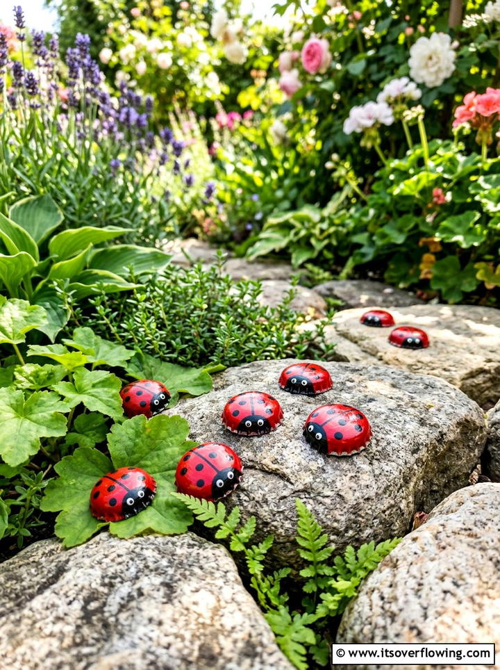 Bottle cap ladybugs - 25 recycled garden ideas with bottle caps