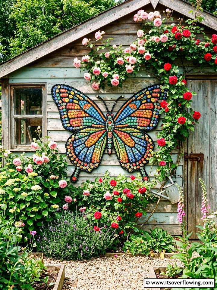 Bottle cap mosaic art - 25 recycled garden ideas with vertical bottle wall