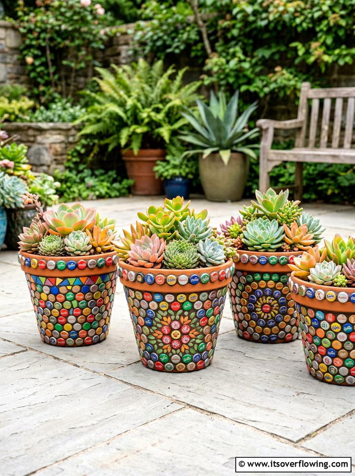 Bottle cap mosaic pots - 25 recycled garden ideas with bottle caps