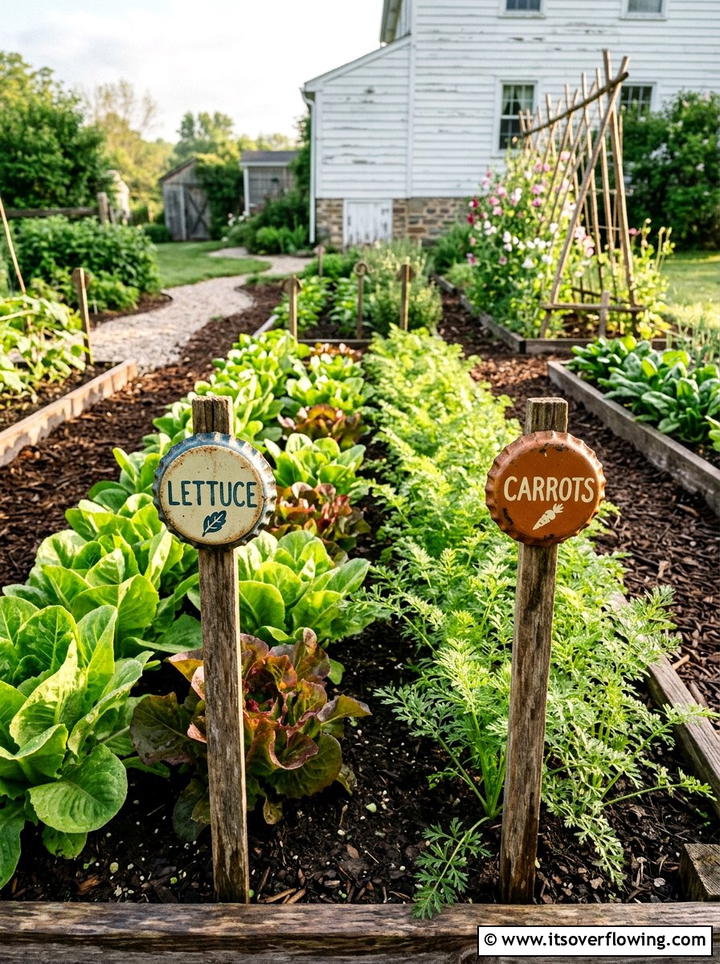 Bottle cap plant markers - 25 recycled garden ideas with bottle caps