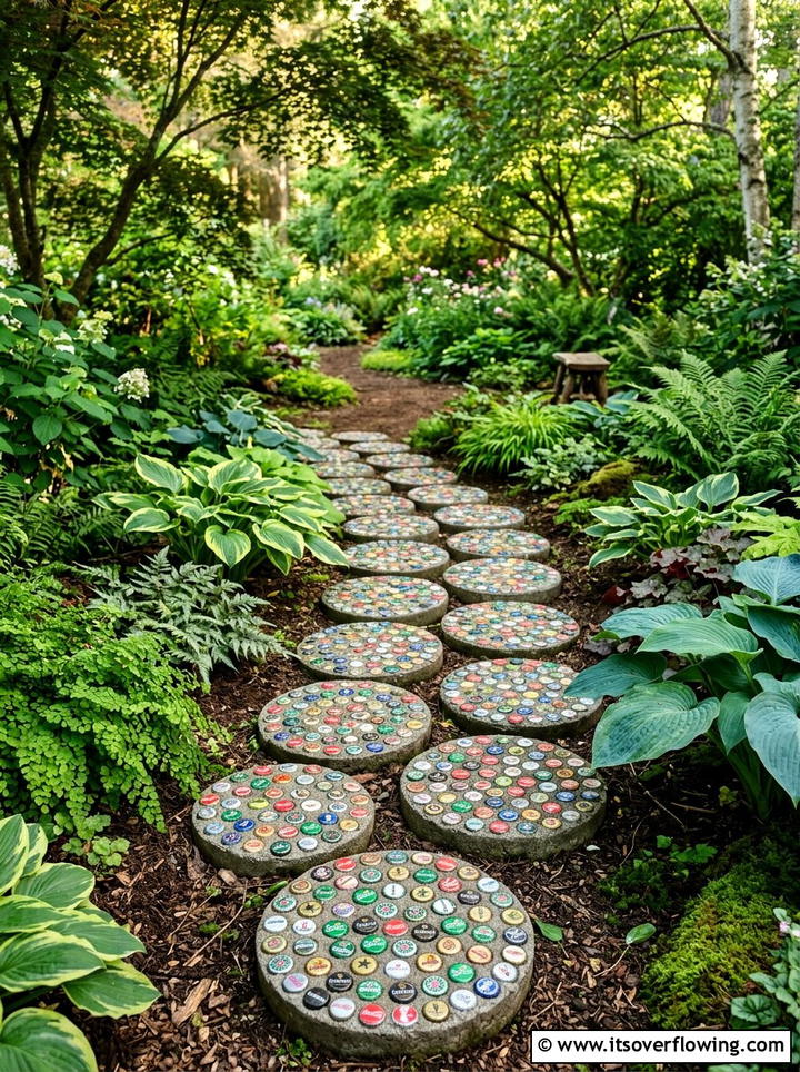 Bottle cap stepping stones - 25 recycled garden ideas with bottle caps