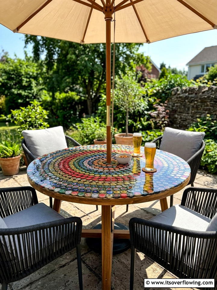 Bottle cap tabletop - 25 recycled garden ideas with bottle caps