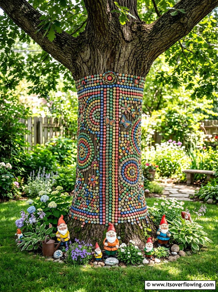 Bottle cap tree trunk decor - 25 recycled garden ideas with bottle caps