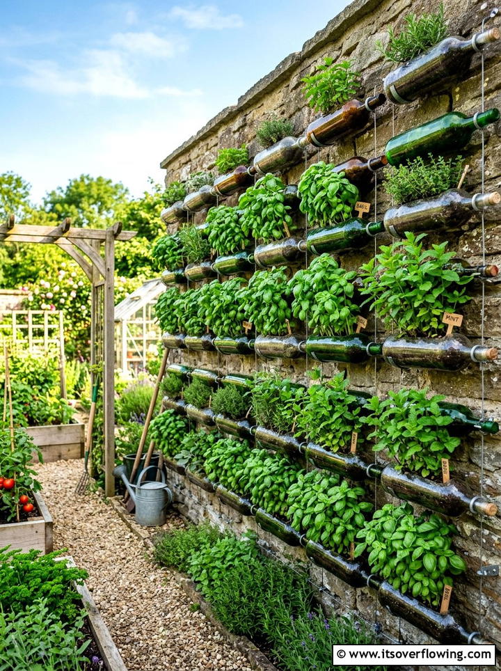 Bottle wall herb garden - 25 recycled garden ideas with vertical bottle wall