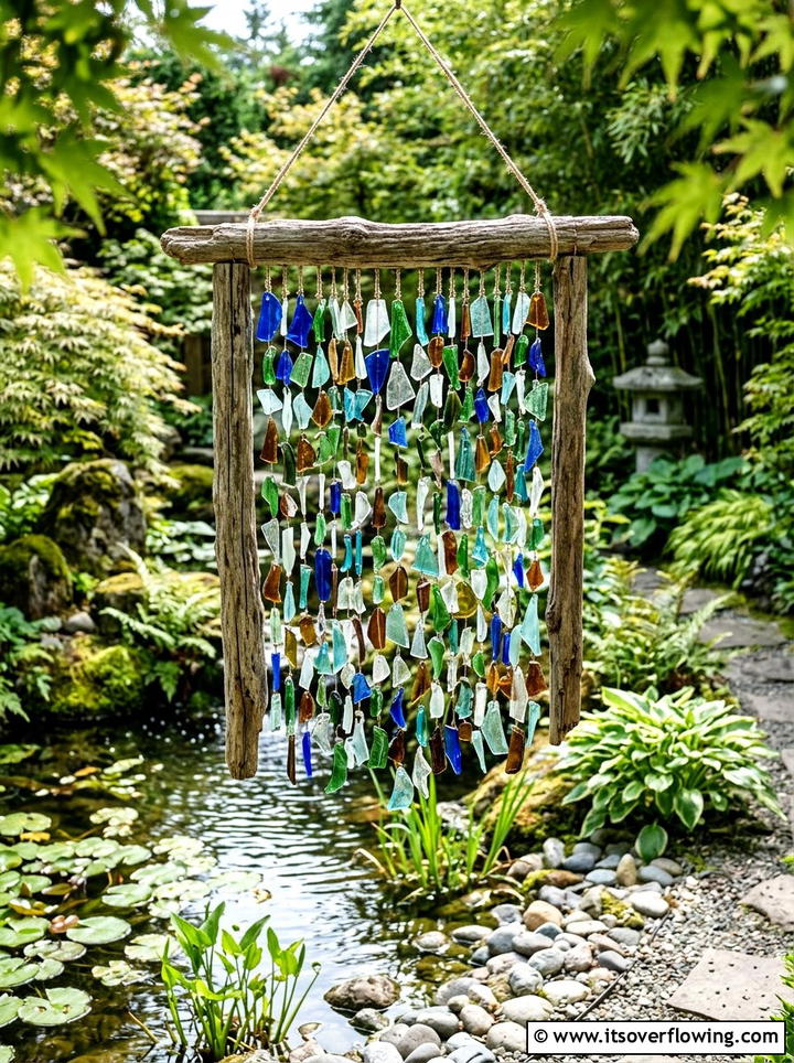 Bottle wall wind chime - 25 recycled garden ideas with vertical bottle wall