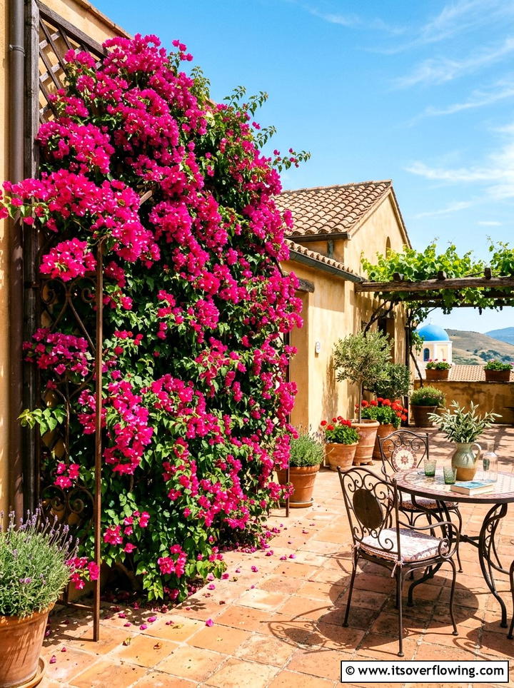 Bougainvillea Trellis Wall - 25 backyard ideas with tropical plants