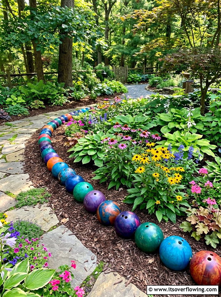 Bowling Ball Garden Edge - 25 upcycled garden ideas with garden edging