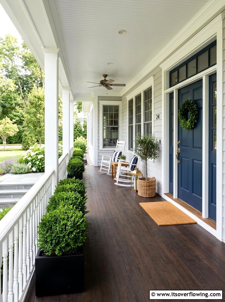 Boxwood Hedge Along Porch Railing - 25 front porch ideas with low maintenance plants