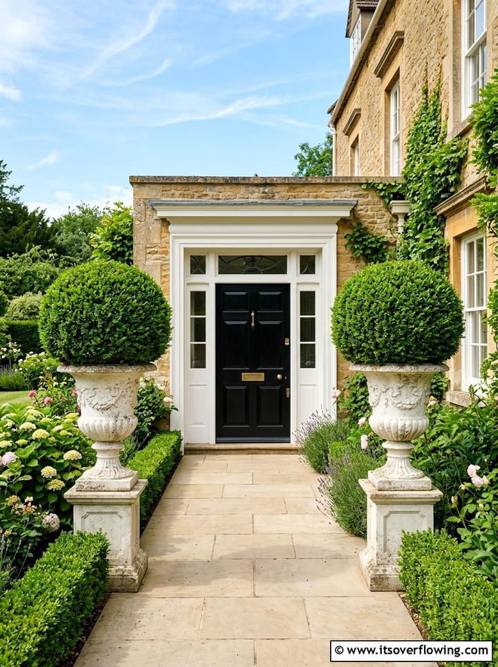 Boxwood Topiary Entrance - 25 front porch ideas with shade plants