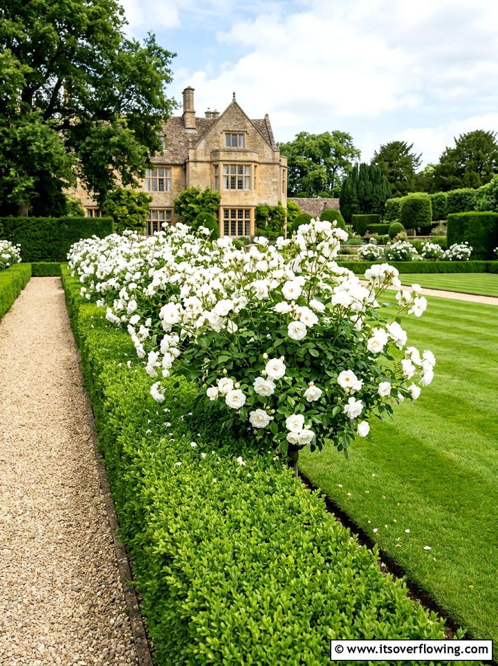 Boxwood and White Rose - 25 backyard ideas with border plants