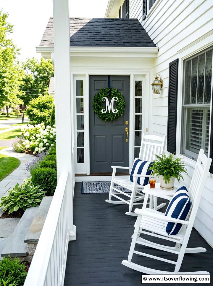Boxwood wreath with white letter - 25 front porch ideas with monogram decor