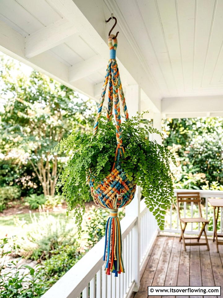 Braided Fabric Plant Hanger - 25 upcycled garden ideas with fabric scraps