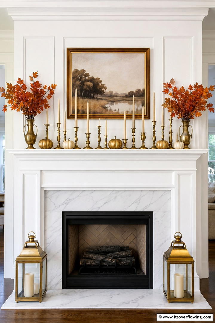 Brass Candlestick Collection - 50 Fall Fireplace Decor Ideas to Warm Autumn Gatherings