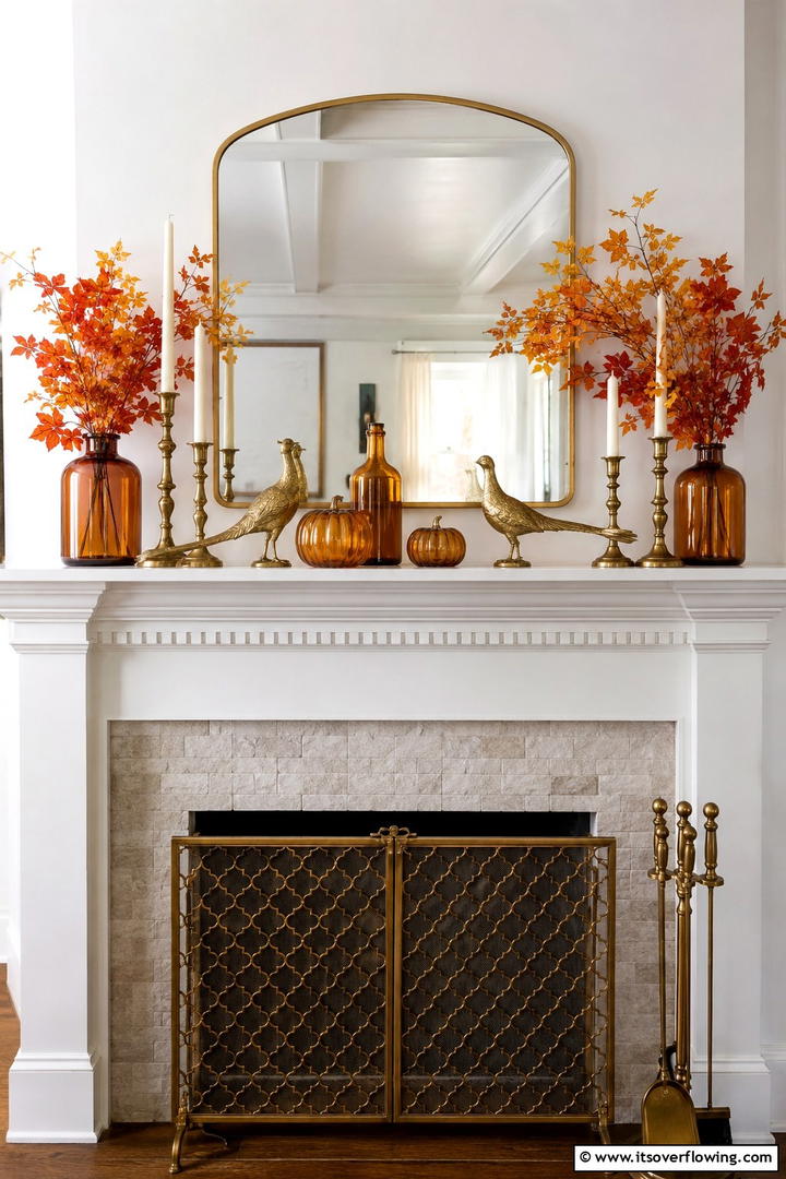 Brass and Amber Mantel Theme - 50 Fall Mantel Decor Ideas for Cozy Spaces This Season