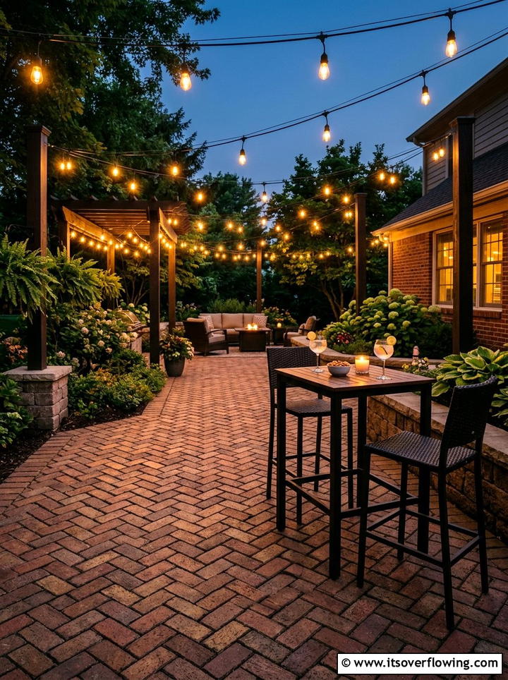 Brick Patio String Lights - 25 backyard ideas with brick patio