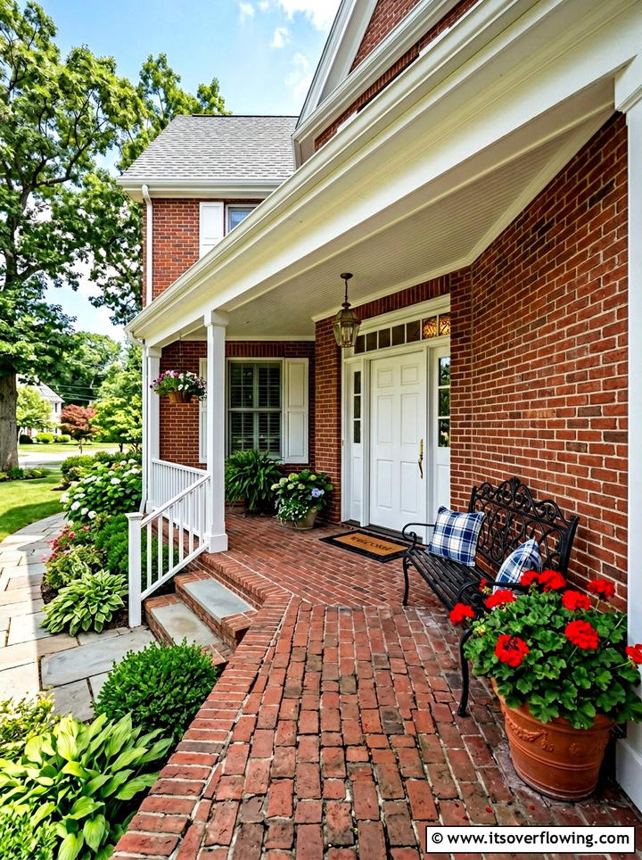 Brick Porch With Black Iron Bench - 25 front porch decor ideas with asymmetrical layout