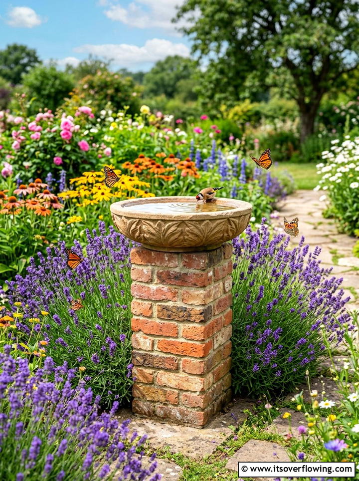 Brick birdbath base - 25 upcycled garden ideas with bricks