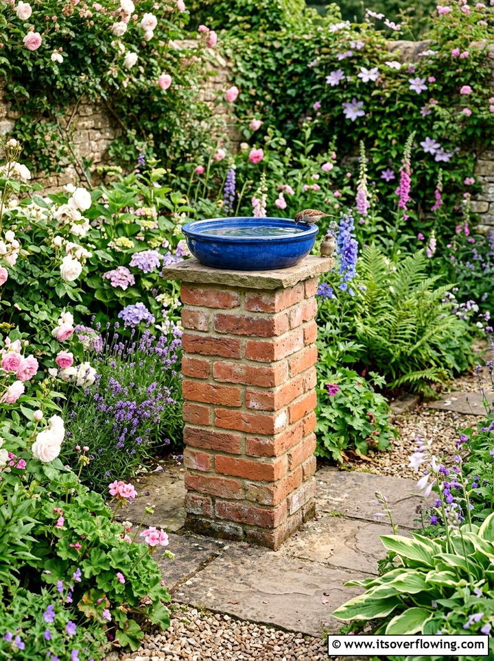 Brick birdbath stand - 25 recycled garden ideas with old bricks