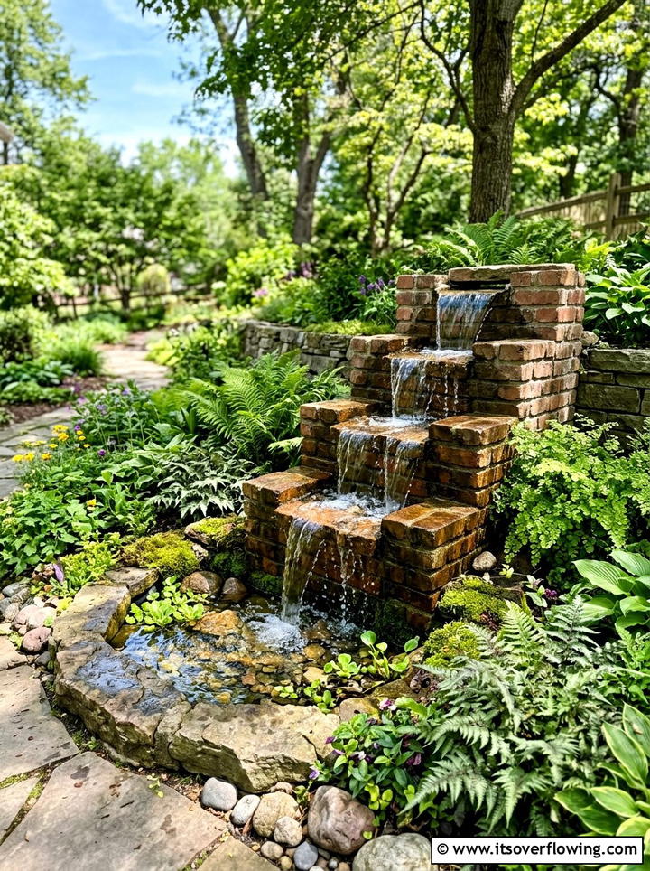 Brick garden waterfall - 25 recycled garden ideas with old bricks