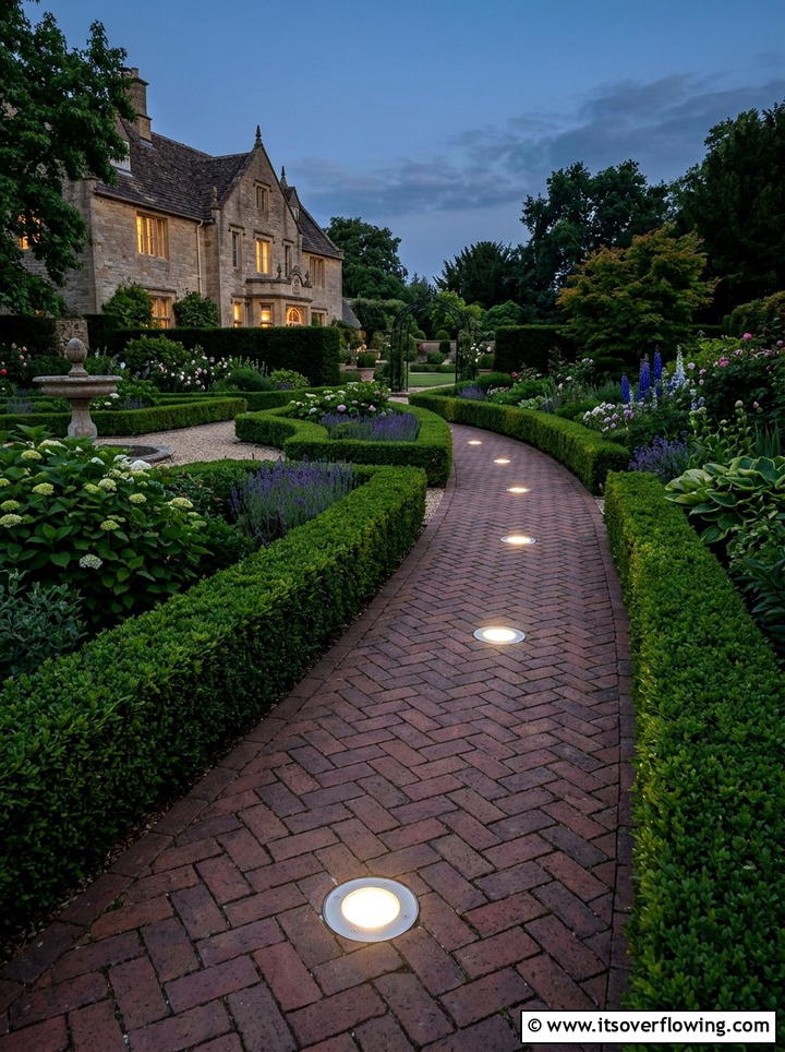 Brick path with integrated ground lights - 25 garden decor ideas with pathway lighting