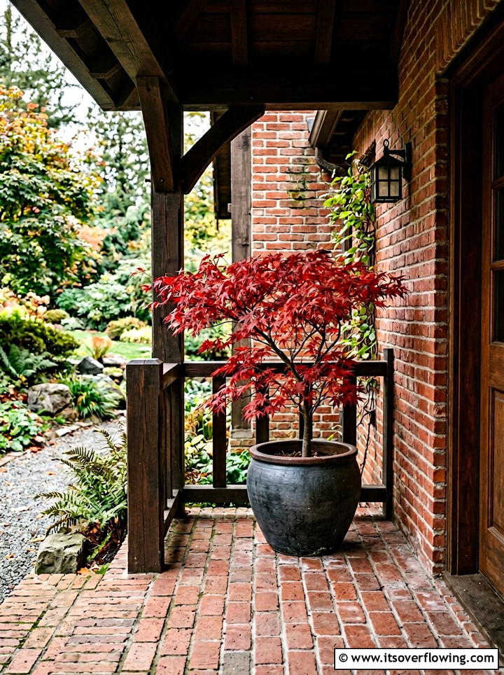 Brick porch with potted maple tree - 25 front porch decor ideas with mini trees