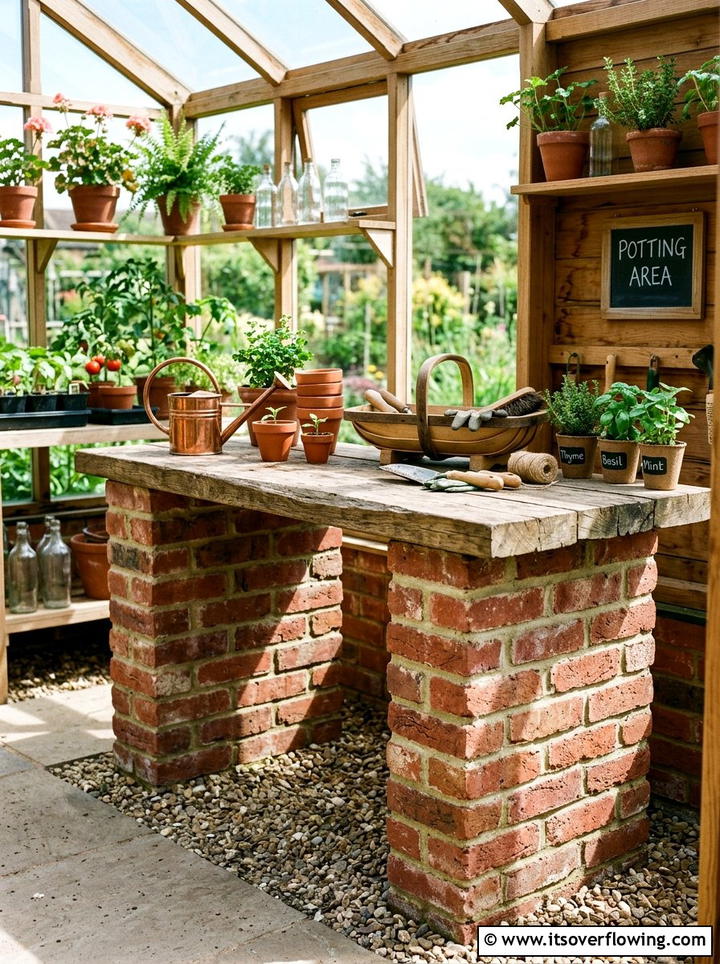 Brick potting bench base - 25 recycled garden ideas with old bricks