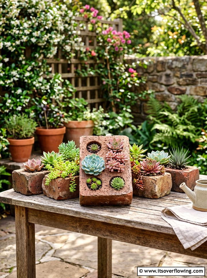 Brick succulent planter - 25 recycled garden ideas with old bricks