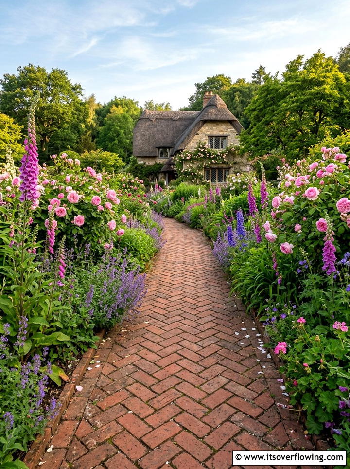 Brick walkway with flower borders - 25 creative garden ideas with secret pathways