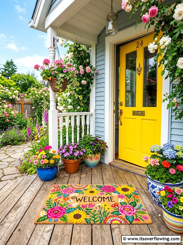 Bright Floral Doormat - 25 front porch ideas with doormat
