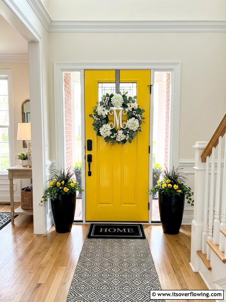 Bright Front Door Entry - 25 front porch decor ideas with monogram wreath