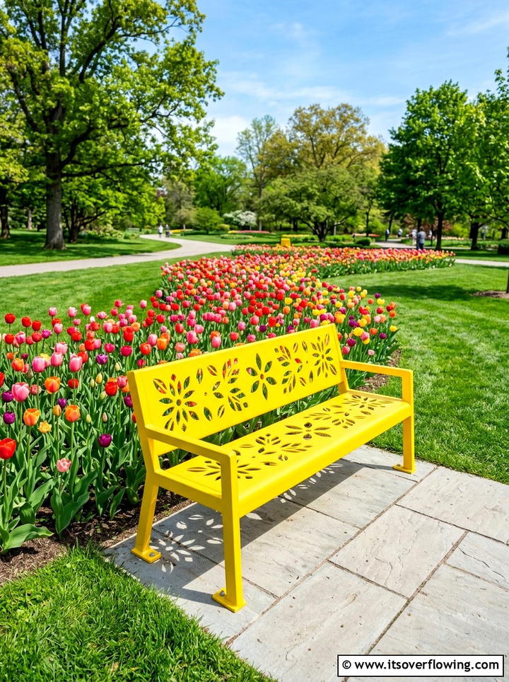 Bright Metal Park Bench - 25 garden decor ideas with benches